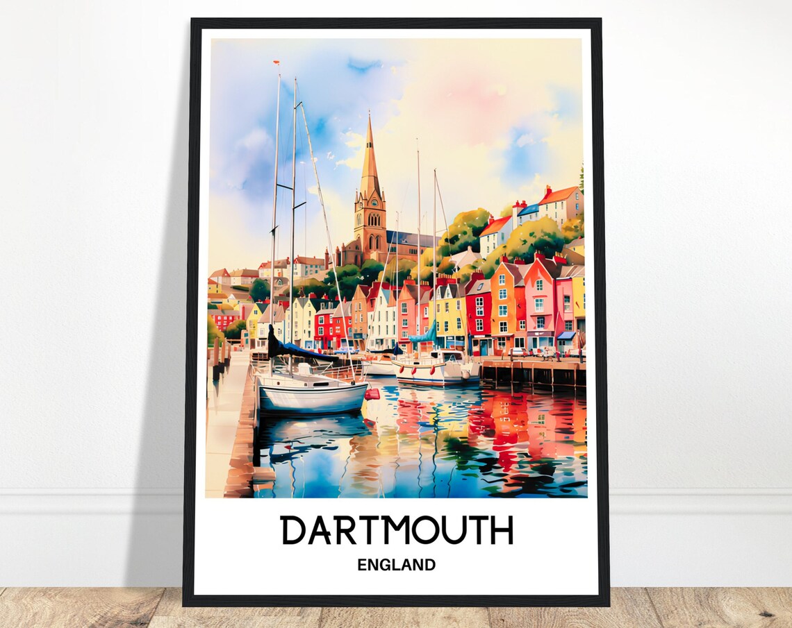 Dartmouth Harbor Watercolor Sailboats England Coastal Travel Poster
