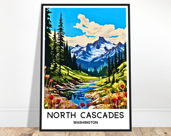 North Cascades Travel Print Poster Art Washington Lover Gift Wall Hanging Illustration