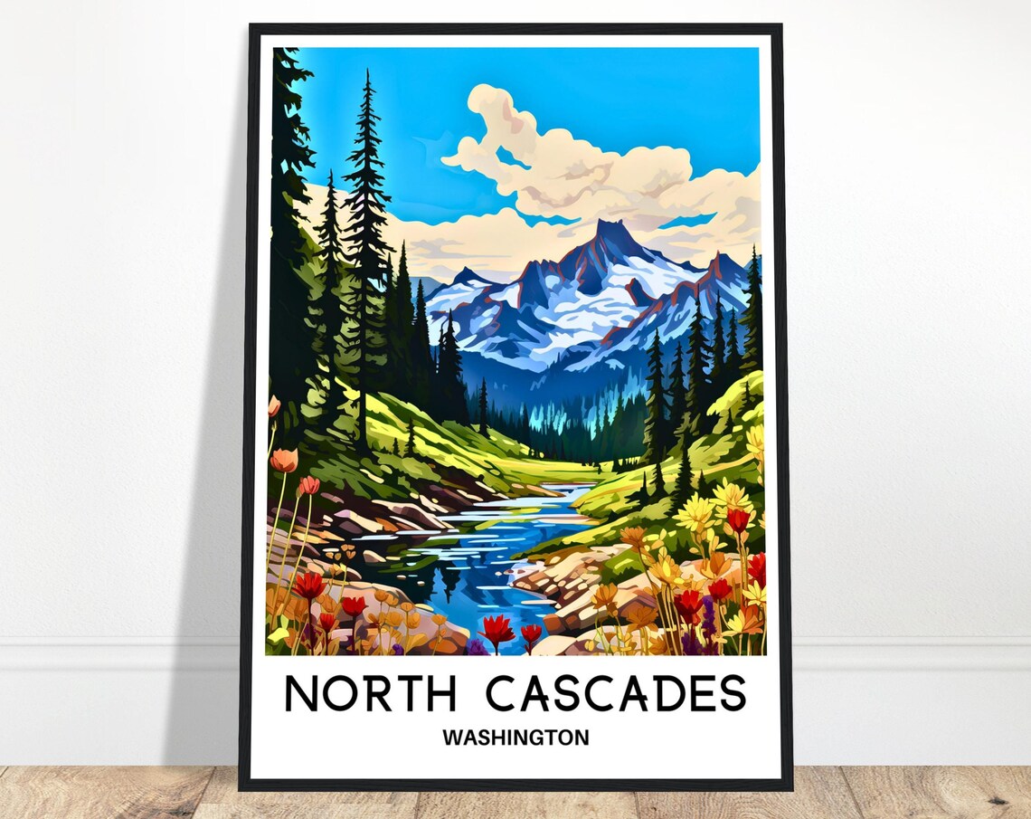 North Cascades Travel Print Poster Art Washington Lover Gift Wall Hanging Illustration
