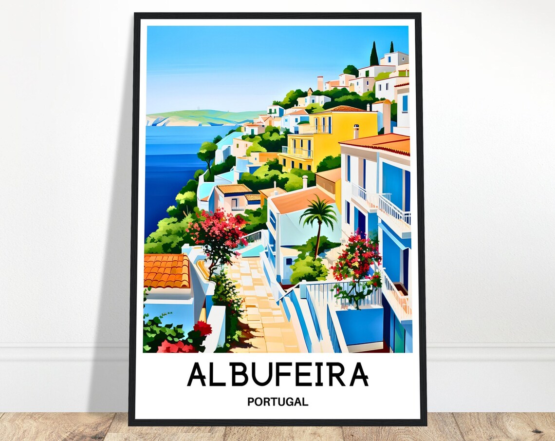 Albufeira Portugal Flower-lined Street to the Sea Travel Poster