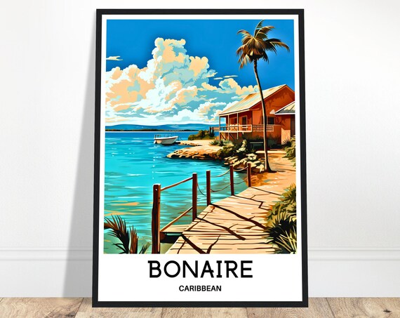 Bonaire Caribbean Wooden Pier Over Turquoise Blue Sea Travel Poster