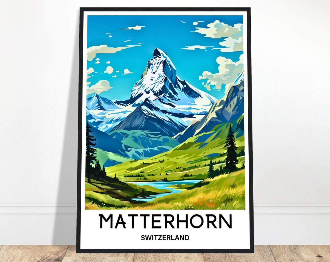 Matterhorn Switzerland Mountain Travel Poster With Alpine Lake