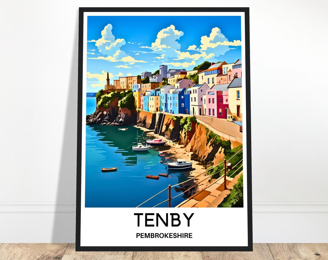 Tenby Wales Harbor Colorful Cliffside Houses Travel Art Poster