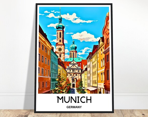 Munich Travel Print Poster German Art Germany Lover Gift Wall Hanging Home Office Decor City Illustration