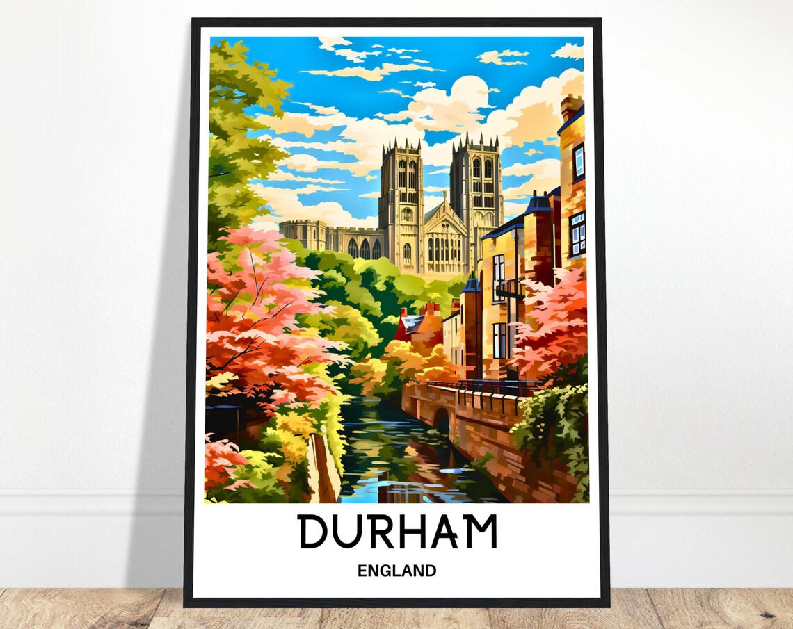 Durham Cathedral Riverside Blossom Trees England Travel Poster