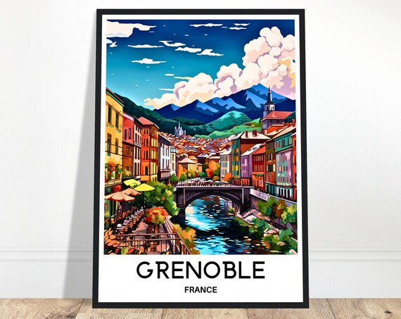Grenoble Travel Print Poster French Art France Lover Gift Wall Hanging Home Office Desk Decor City Illustration
