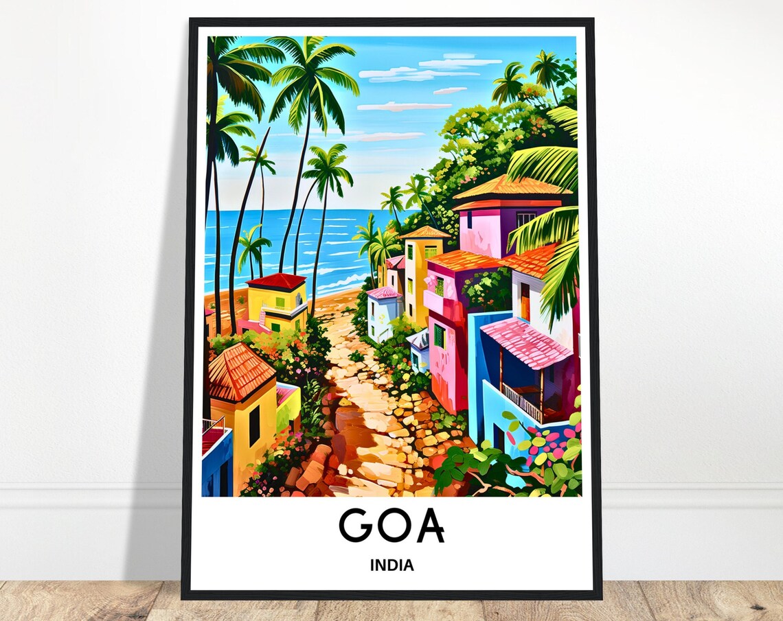 Goa India Colorful Seaside Village With Palm Trees Travel Poster