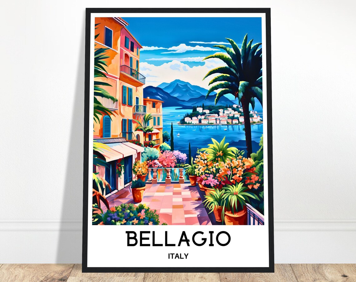 Bellagio Flower Terrace Overlooking Lake Como Italy Travel Poster