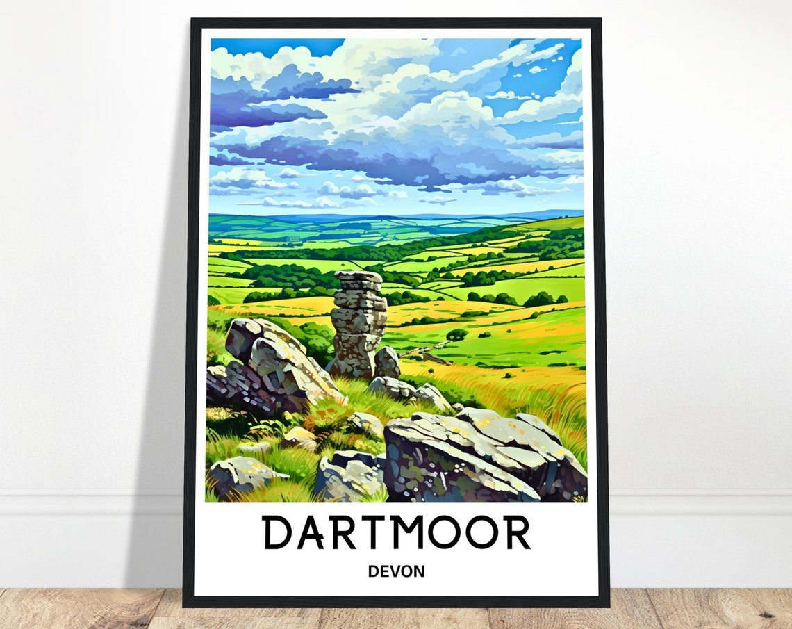Dartmoor Devon Stone Tor Rolling Green Hills Travel Art Poster
