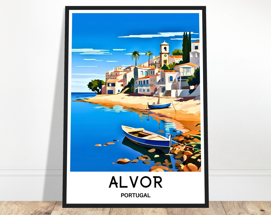 Alvor Portugal Fishing Boats on Sandy Beach Cove Travel Poster