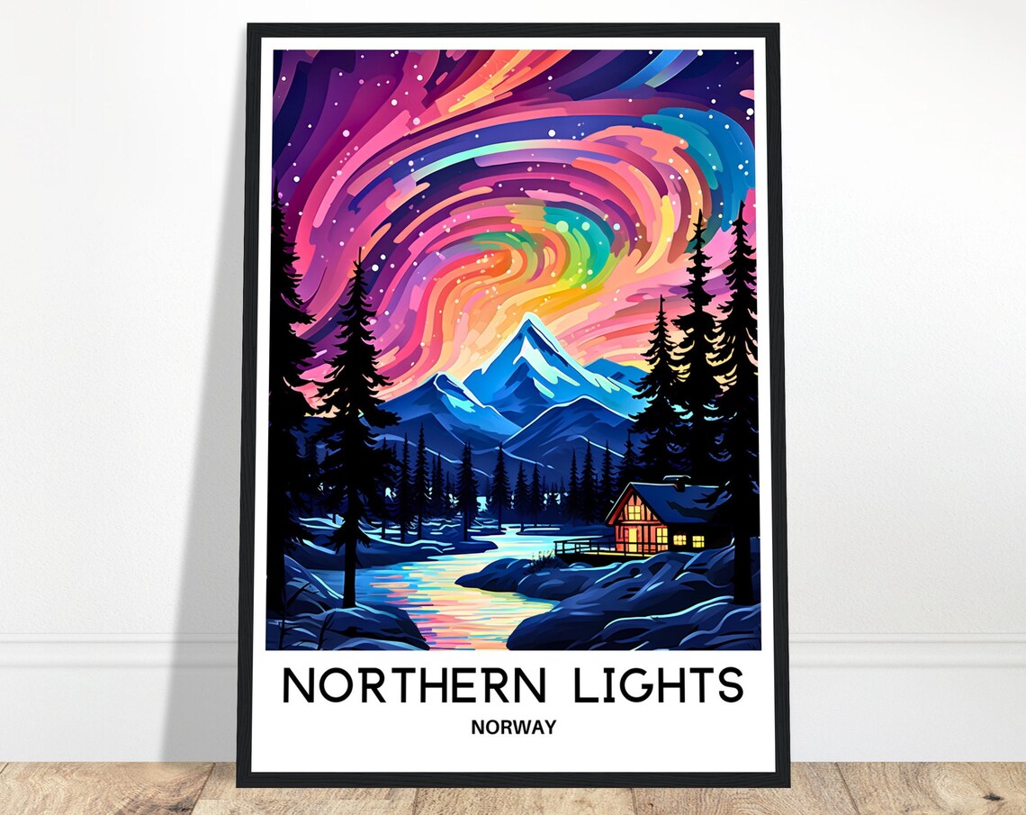 Northern Lights Norway Aurora Cabin Mountains Colorful Travel Poster