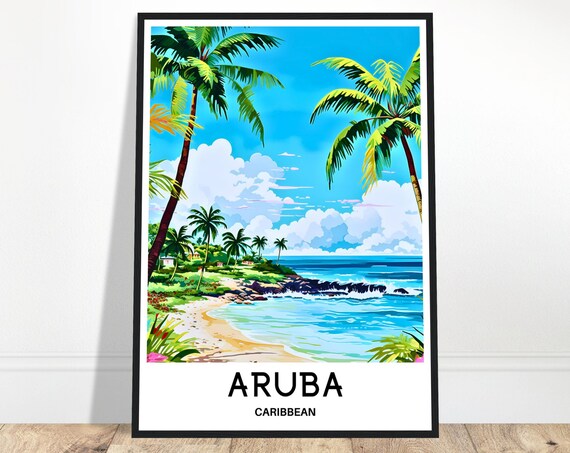 Sunny Aruba Caribbean Palm Beach Ocean Travel Illustration Poster