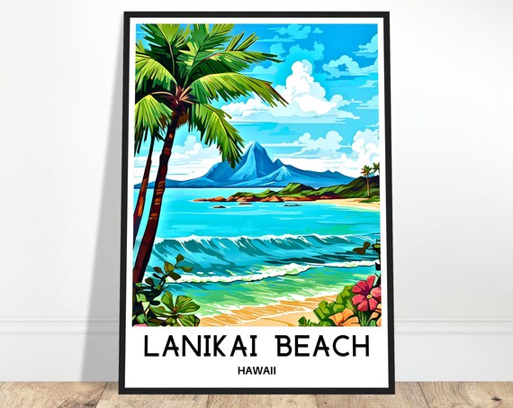 Lanikai Beach Travel Print Poster Hawaiian Art Hawaii Lover Gift Wall Hanging Illustration Home Decor