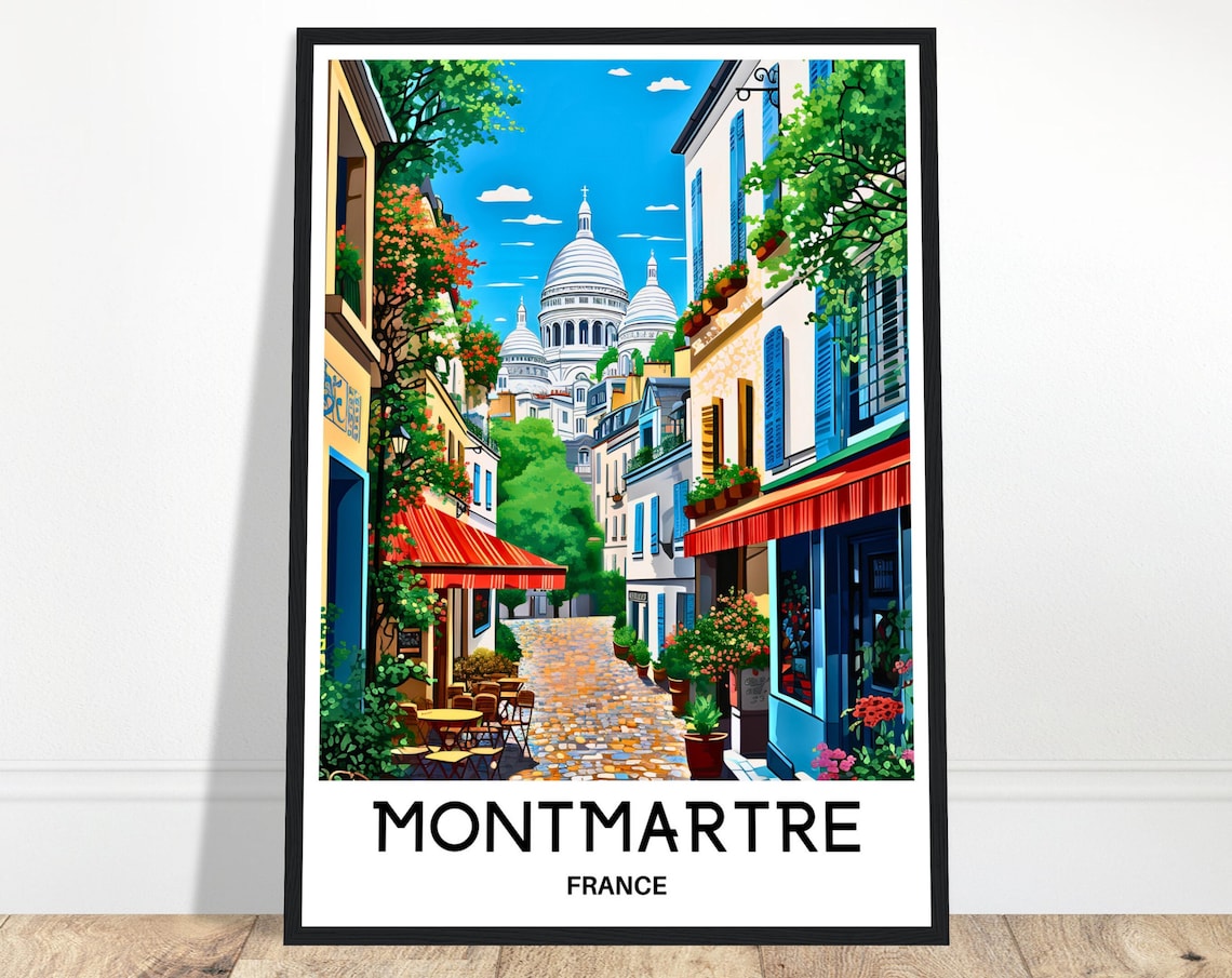 Montmartre France Sacre Coeur Parisian Street Cafe Travel Poster