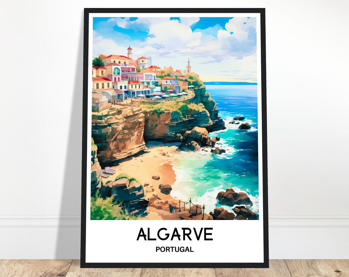 Algarve Portugal Golden Cliffside Beach Town Ocean Watercolor Poster
