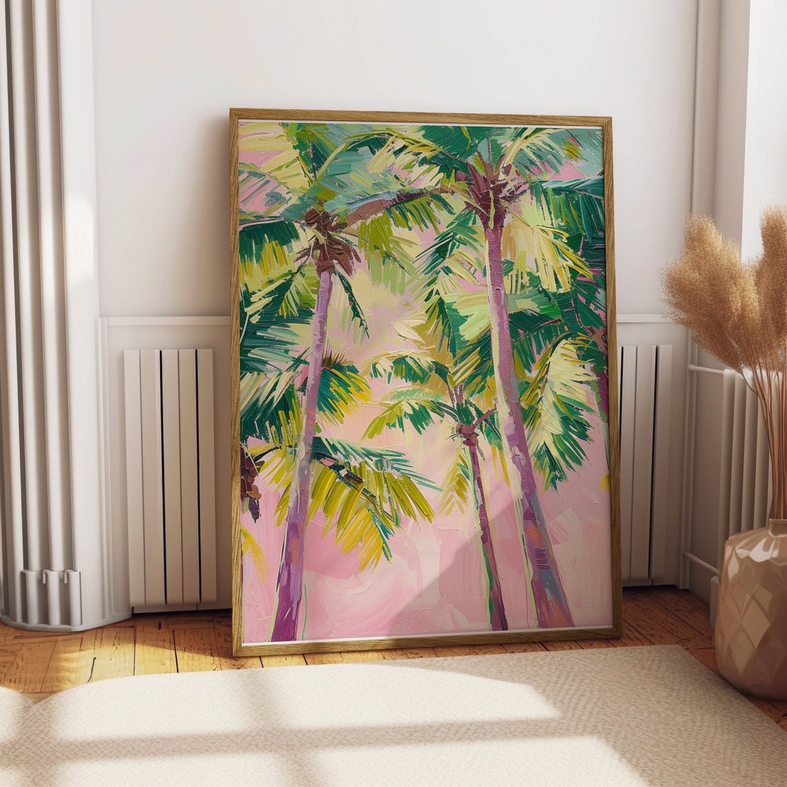 Palm Trees Painting Pink Sky Tropical Beach Wall Decor Poster