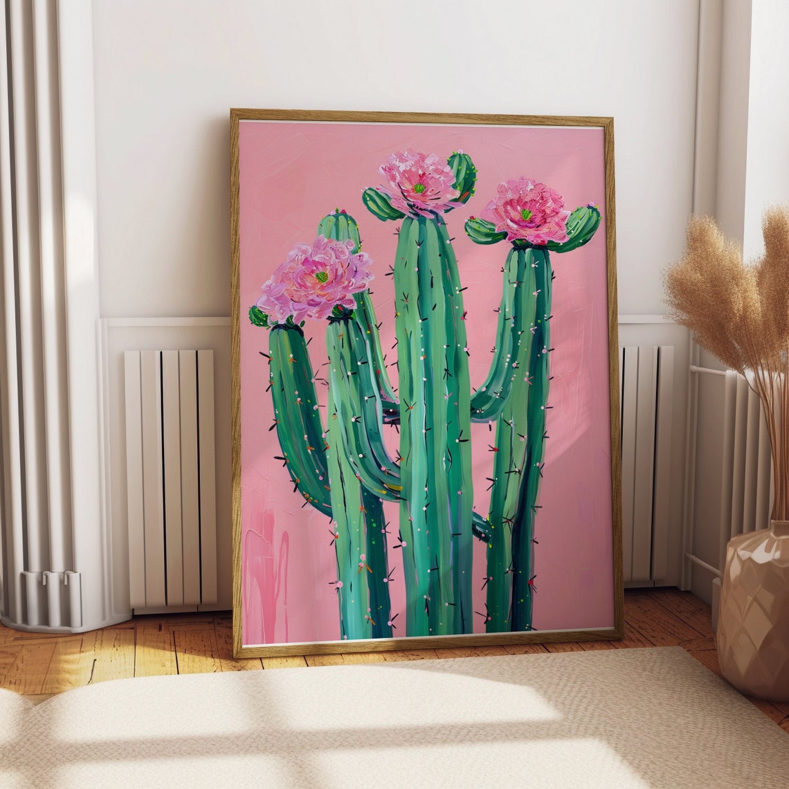 Blooming Cactus Art Pink Background Green Cacti Floral Wall Poster