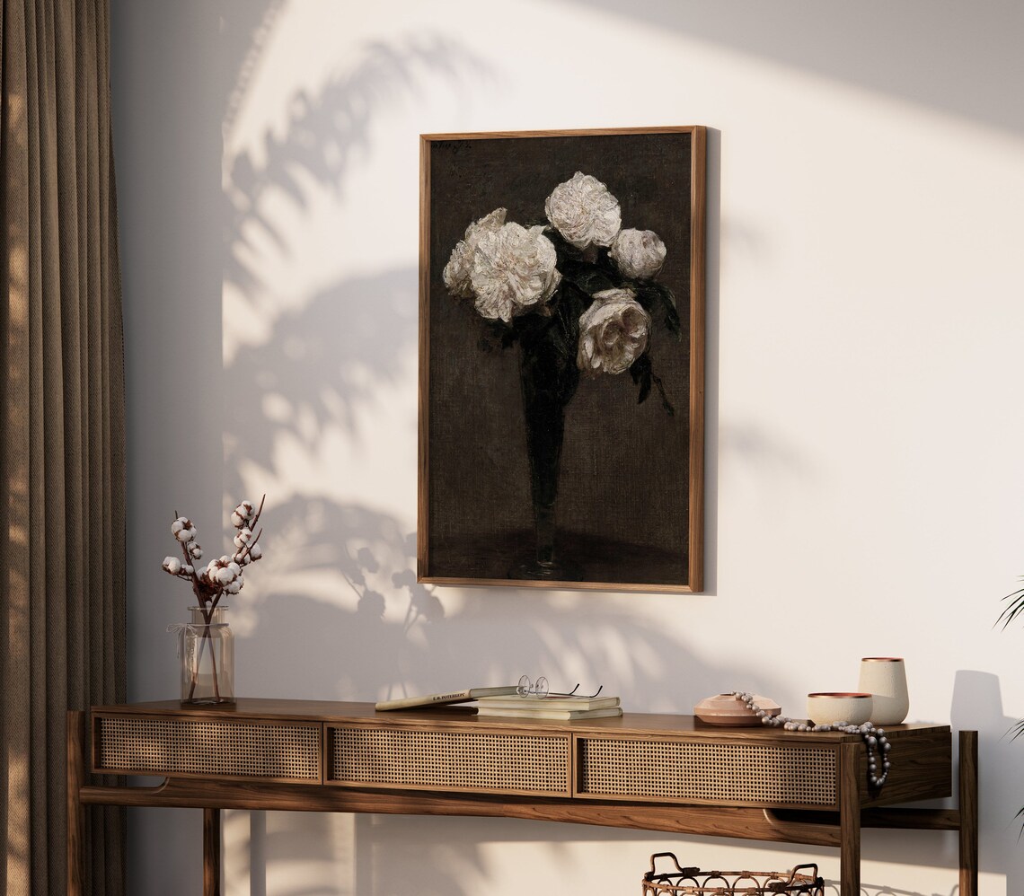 White Roses Vintage Oil Painting Dark Moody Floral Wall Decor Poster - Image 2