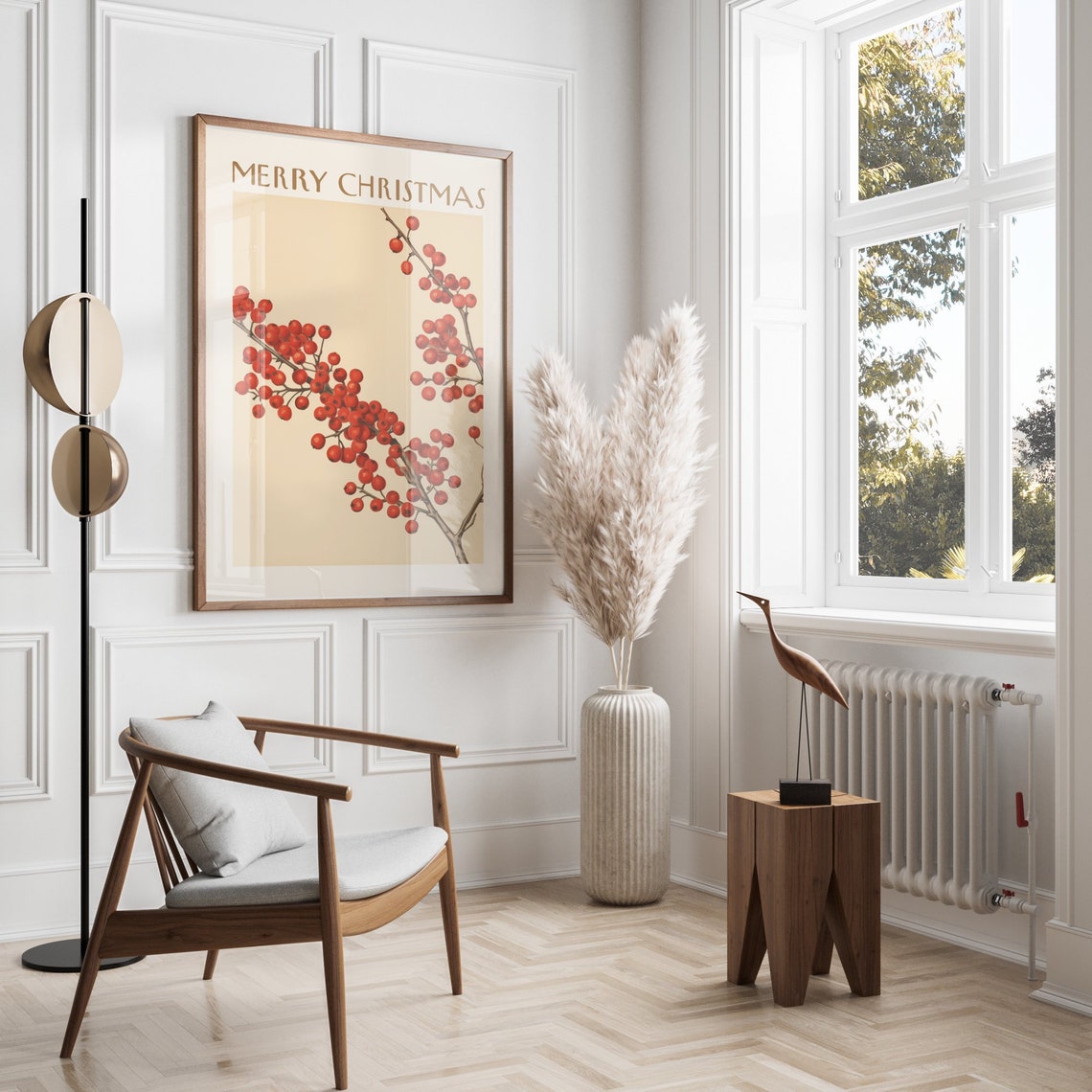 Merry Christmas Red Berry Branch Poster Winter Botanical Wall Decor - Image 2