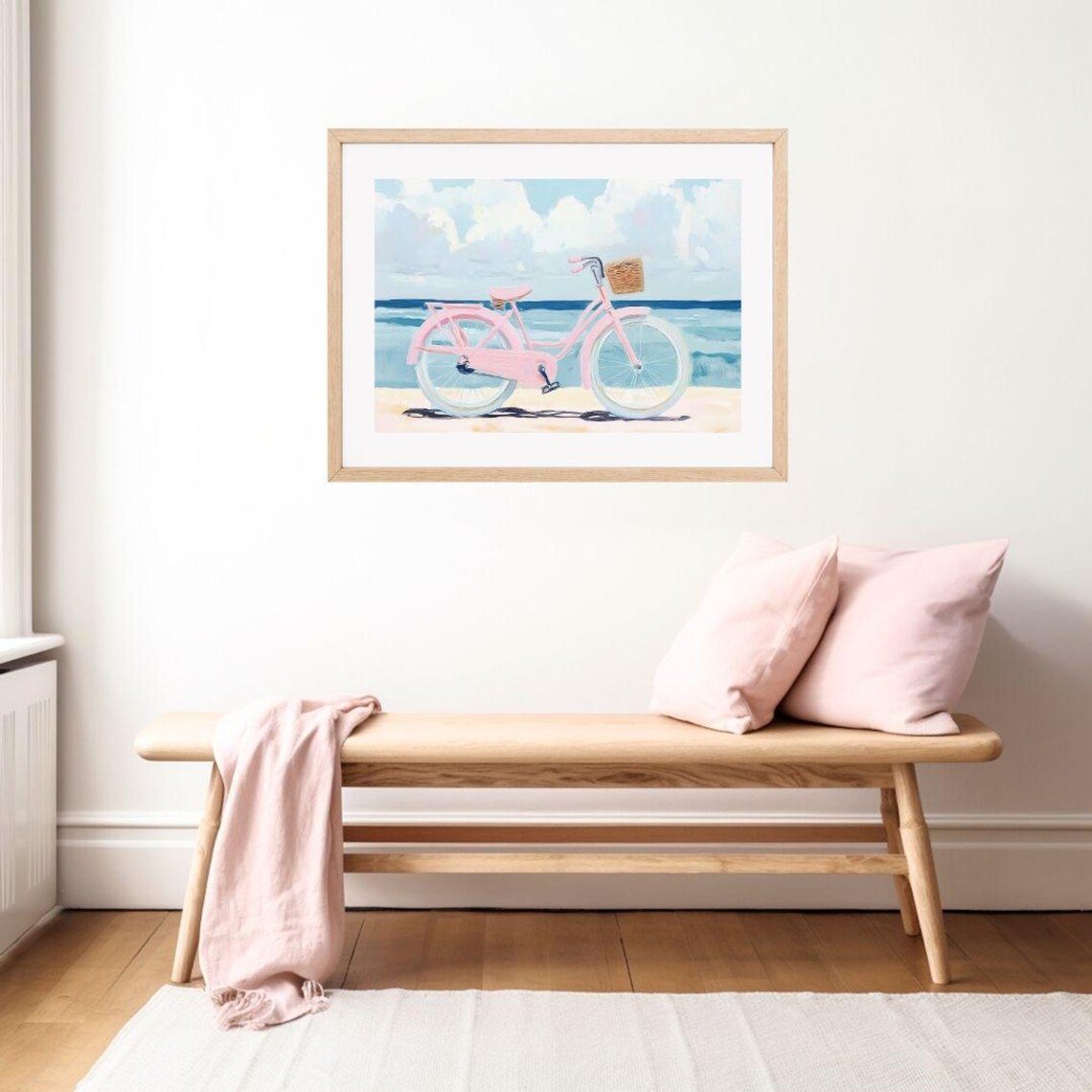 Pink Beach Cruiser Bike with Wicker Basket Ocean Summer Poster - Image 2