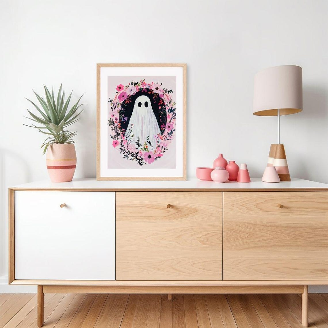 Cute Ghost Inside A Pink Floral Wreath Halloween Portrait Poster - Image 2
