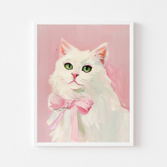 White Cat With Pink Bow, Grandmillennial Wall Art Print