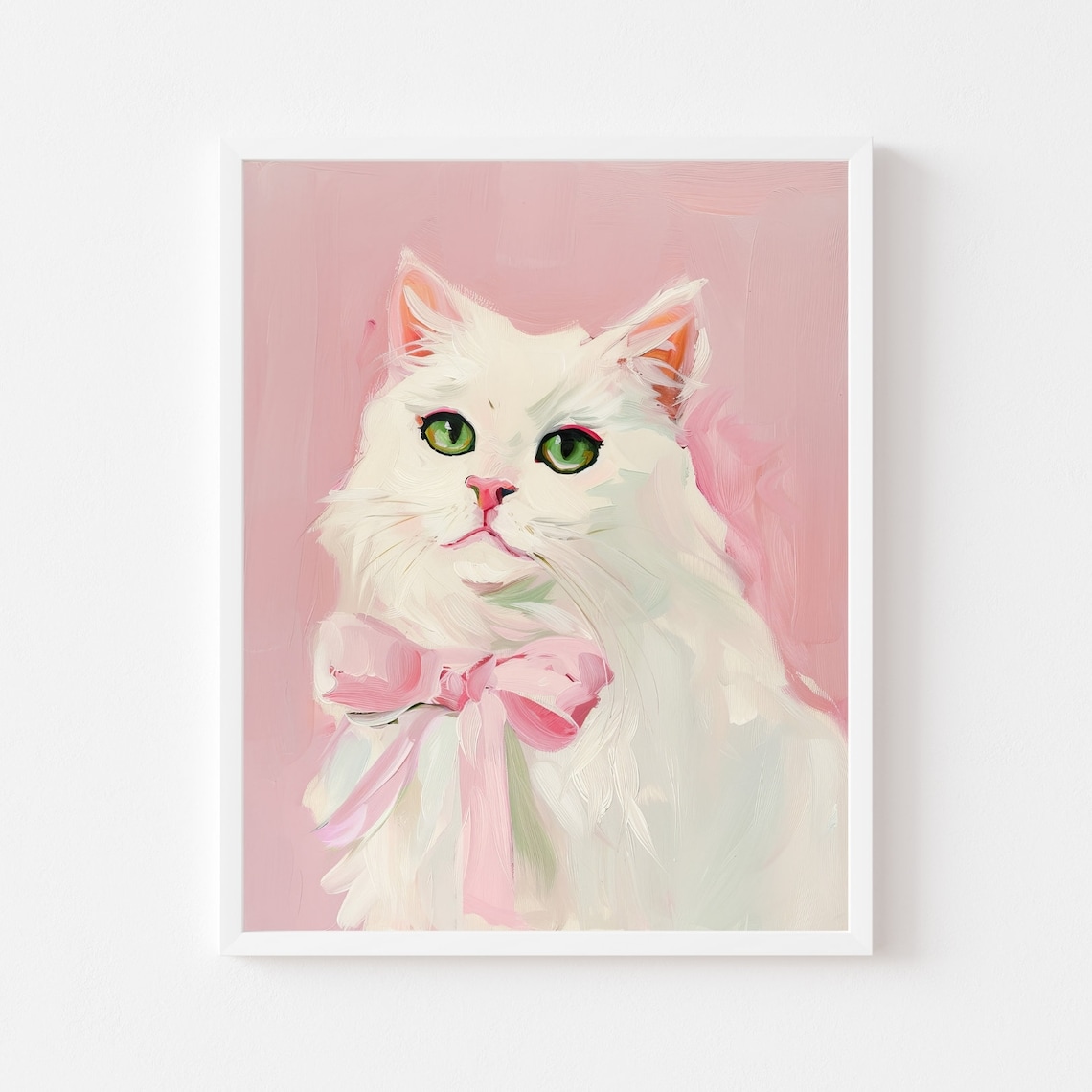 White Cat With Pink Bow, Grandmillennial Wall Art Print