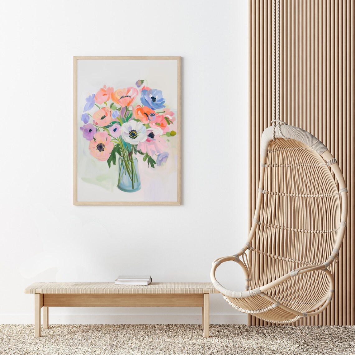 Pastel Poppy And Anemone Bouquet Glass Vase Floral Painting Poster - Image 2
