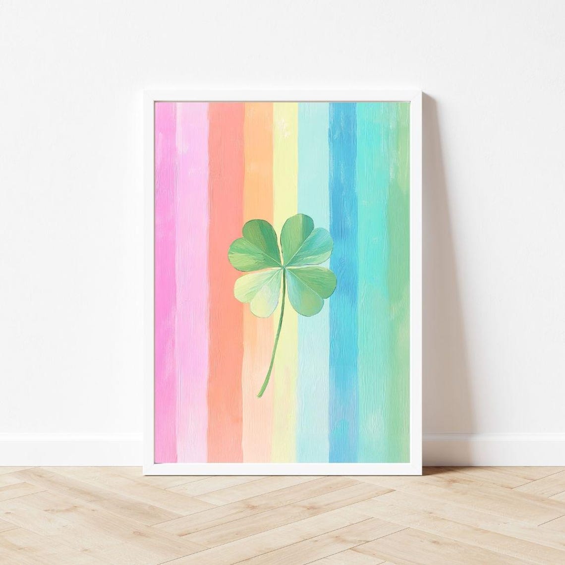 Four Leaf Clover on Rainbow Stripes St Patricks Day Painting Poster - Image 3