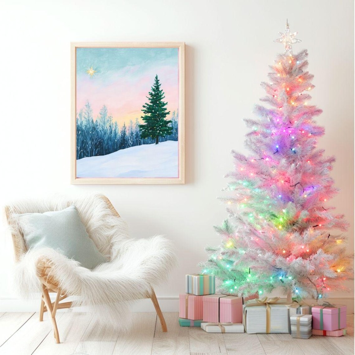 North Star Christmas Tree, Pastel Winter Sunrise Art Print - Image 2