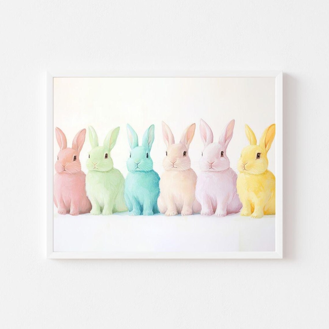 Pastel Rainbow Bunnies in a Row Easter Nursery Painting Poster