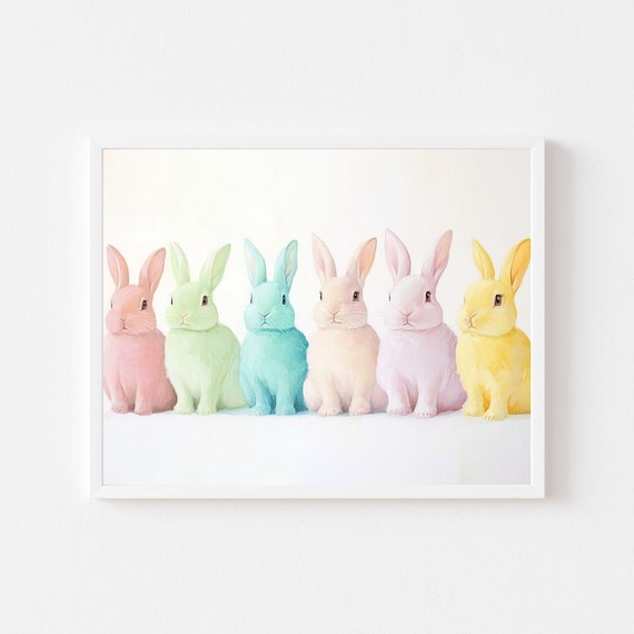 Pastel Rainbow Bunnies in a Row Easter Nursery Painting Poster