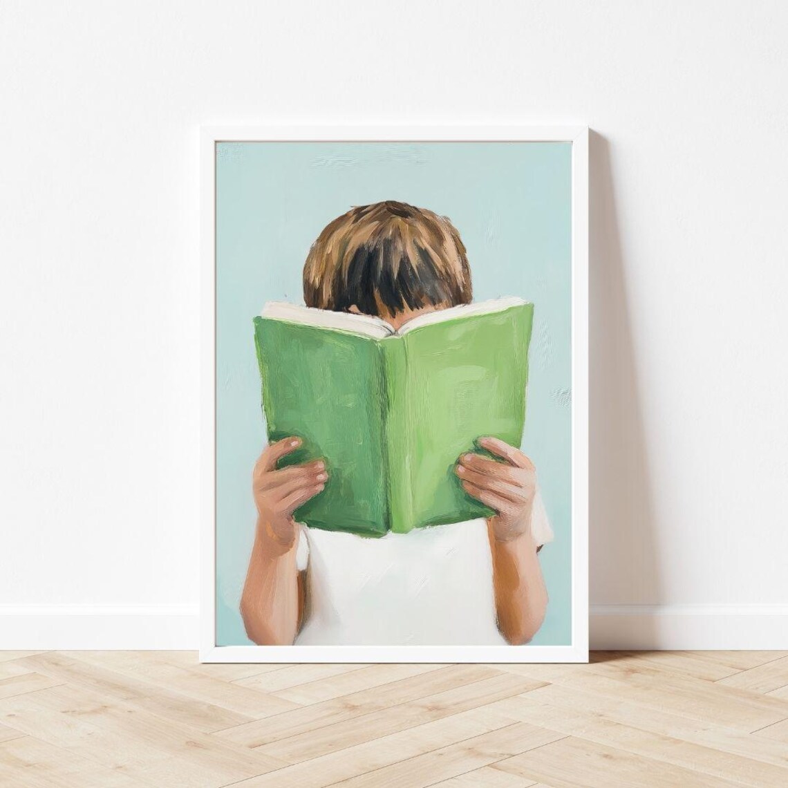 Brunette Boy Reading Green Book, Pastel Art Print - Image 3