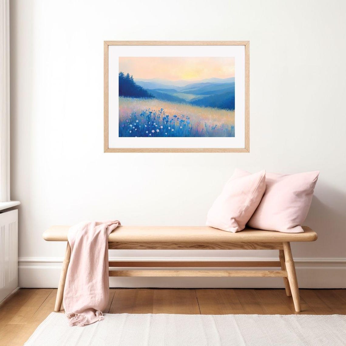 Blue Wildflower Meadow At Dusk With Layered Mountain Ridges Poster - Image 2