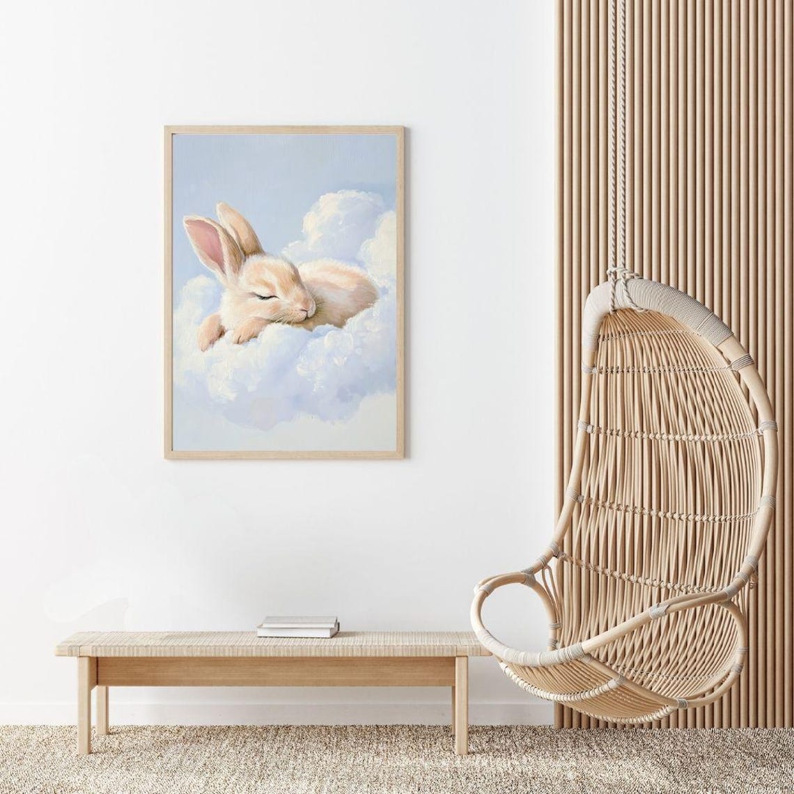 Sleeping Baby Bunny Resting on a Cloud Nursery Painting Poster - Image 2