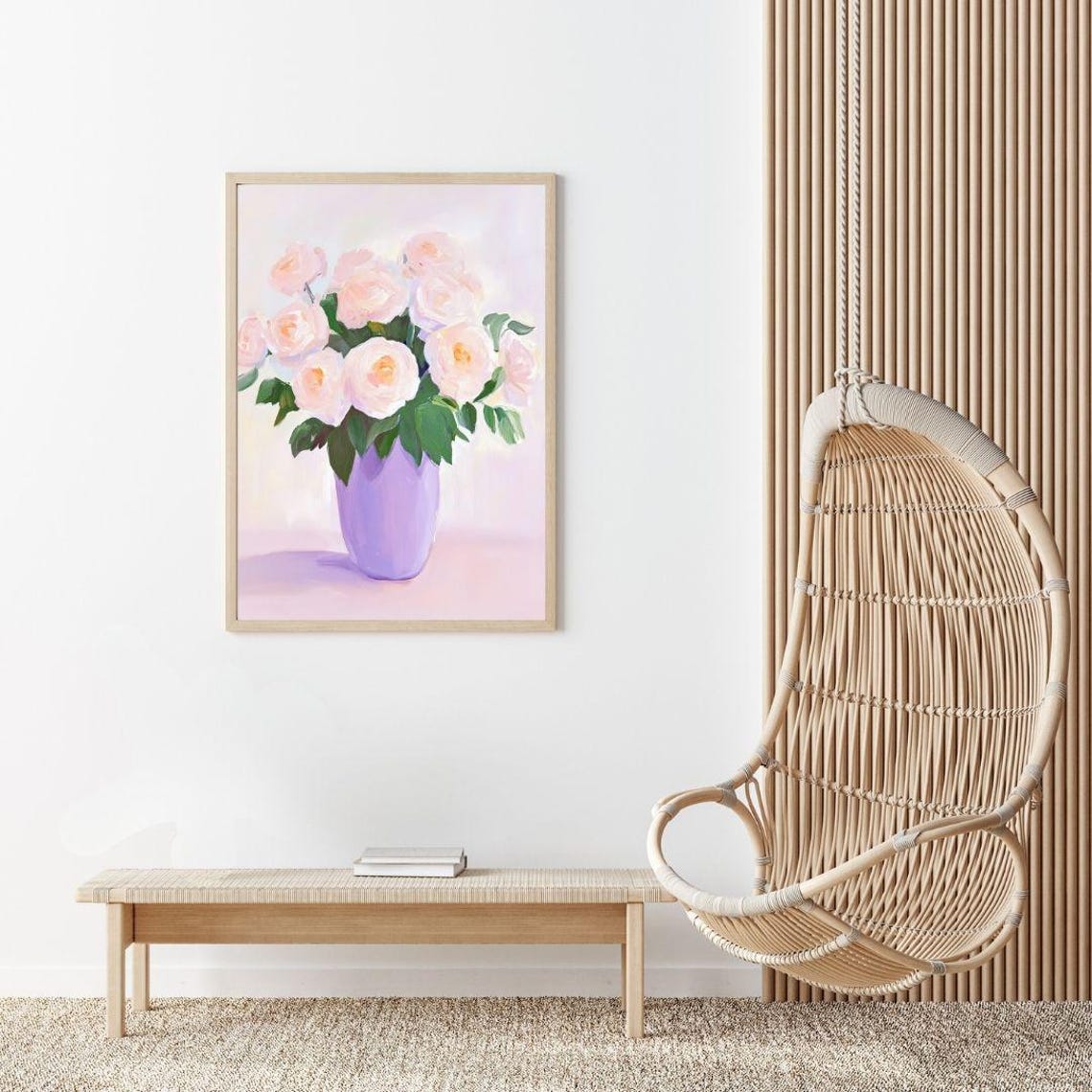 Blush Pink Roses In A Soft Lavender Purple Vase Floral Poster - Image 2