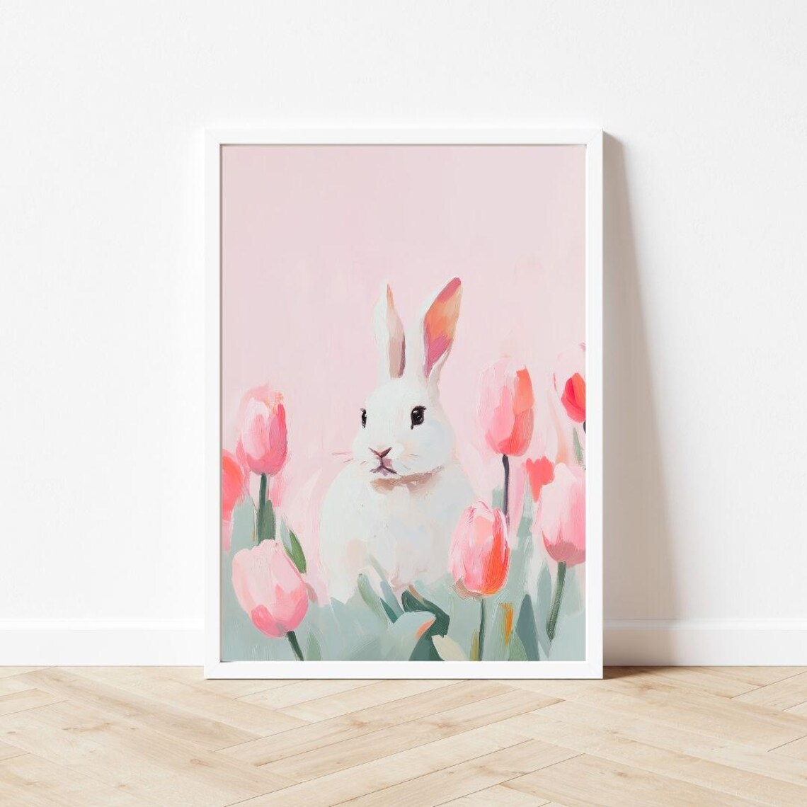 Sweet White Bunny Among Pink Tulips Pastel Spring Animal Poster - Image 3
