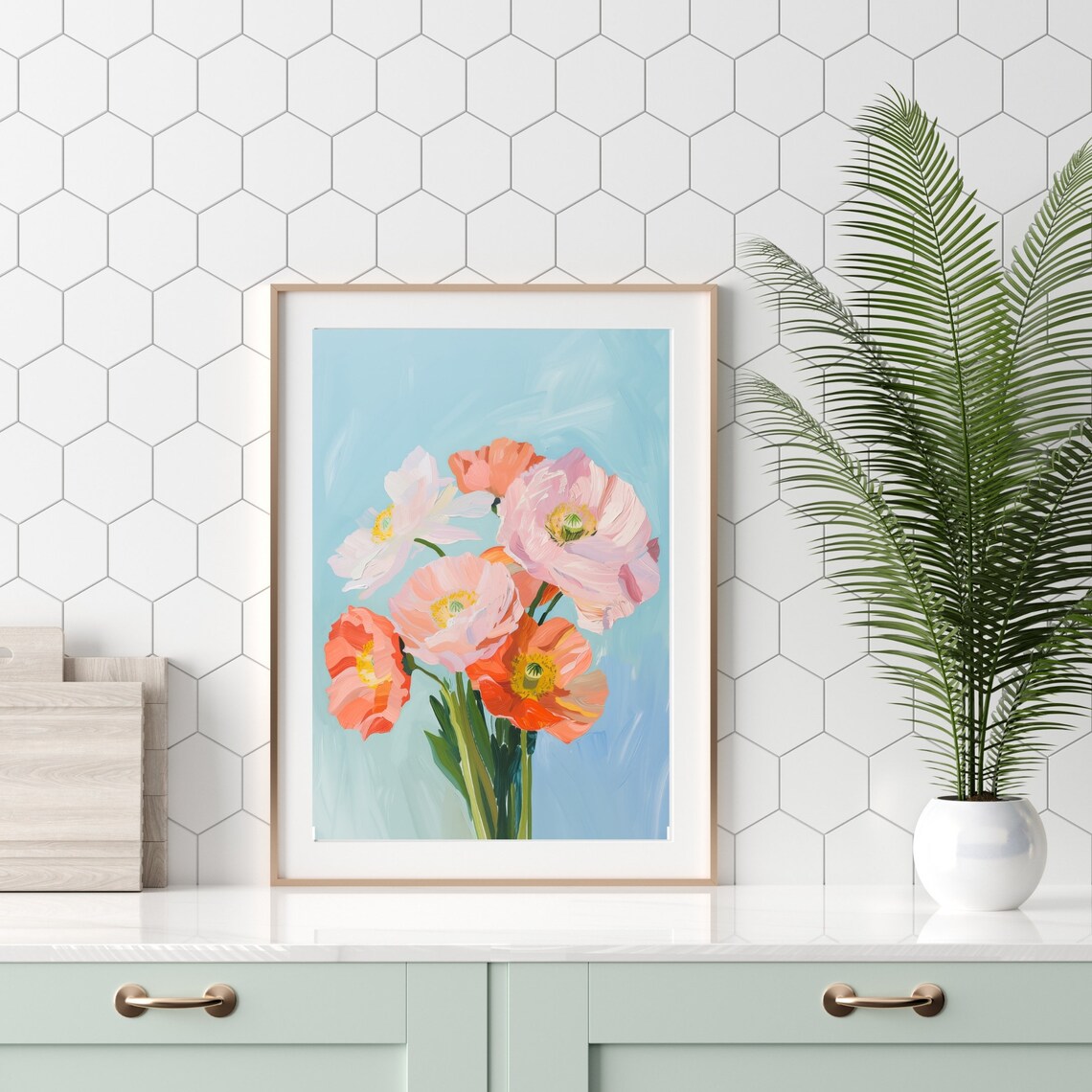 Coral and Pink Icelandic Poppies Floral Still Life Painting Poster - Image 3