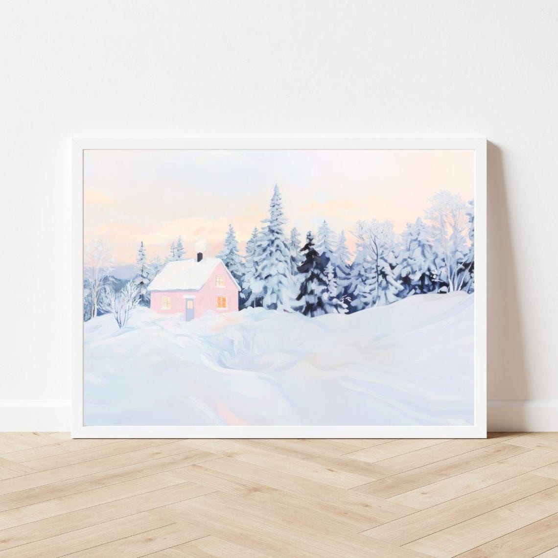 Pink Cabin In A Snowy Winter Forest Pastel Sunset Painting Poster - Image 3