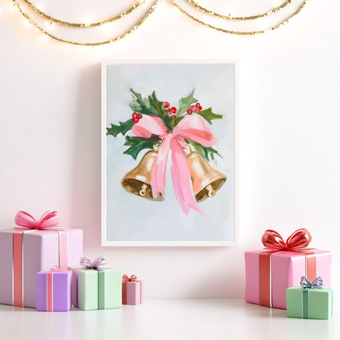 Gold Christmas Bells Tied With Pink Bow And Holly Leaves Poster - Image 2