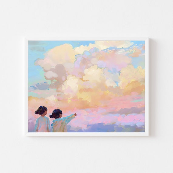 Two Sisters Pointing At Cloud Shapes Painting Girly Colorful Sunset Wall Art Print Pastel Sky Girls Room