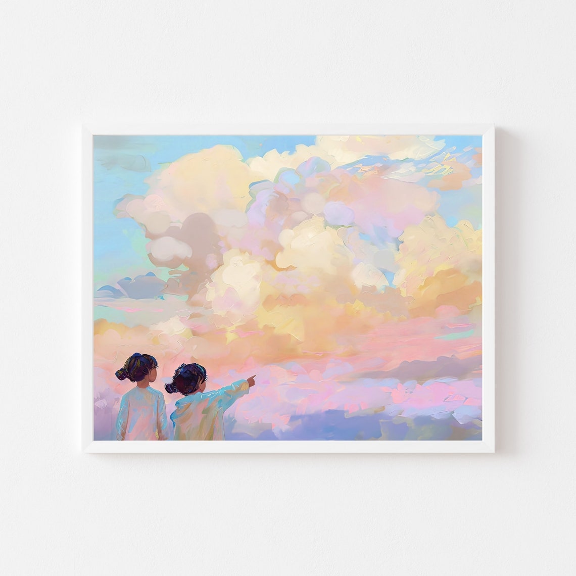 Two Little Girls Watching Pastel Sunset Clouds Dreamy Poster