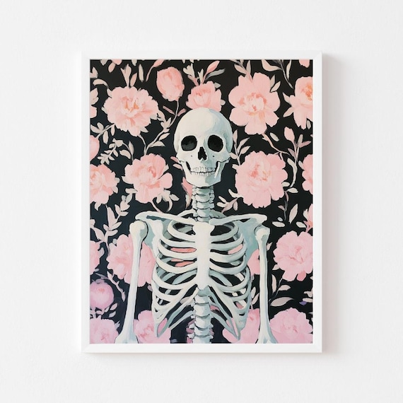 Floral Skeleton Pink Halloween Spooky Cute Skull Flower Art Poster
