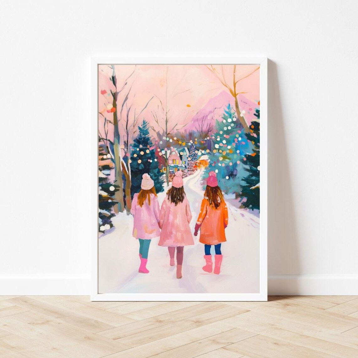Three Girls in Christmas Village Holiday Art Print - Image 3