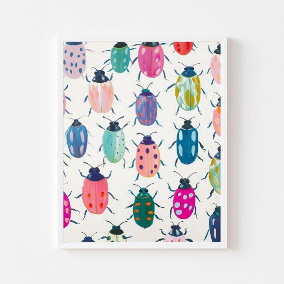 Rainbow Beetles Painting Colorful Insect Playroom Wall Art Print Kids Room Bug Pattern Dopamine Decor