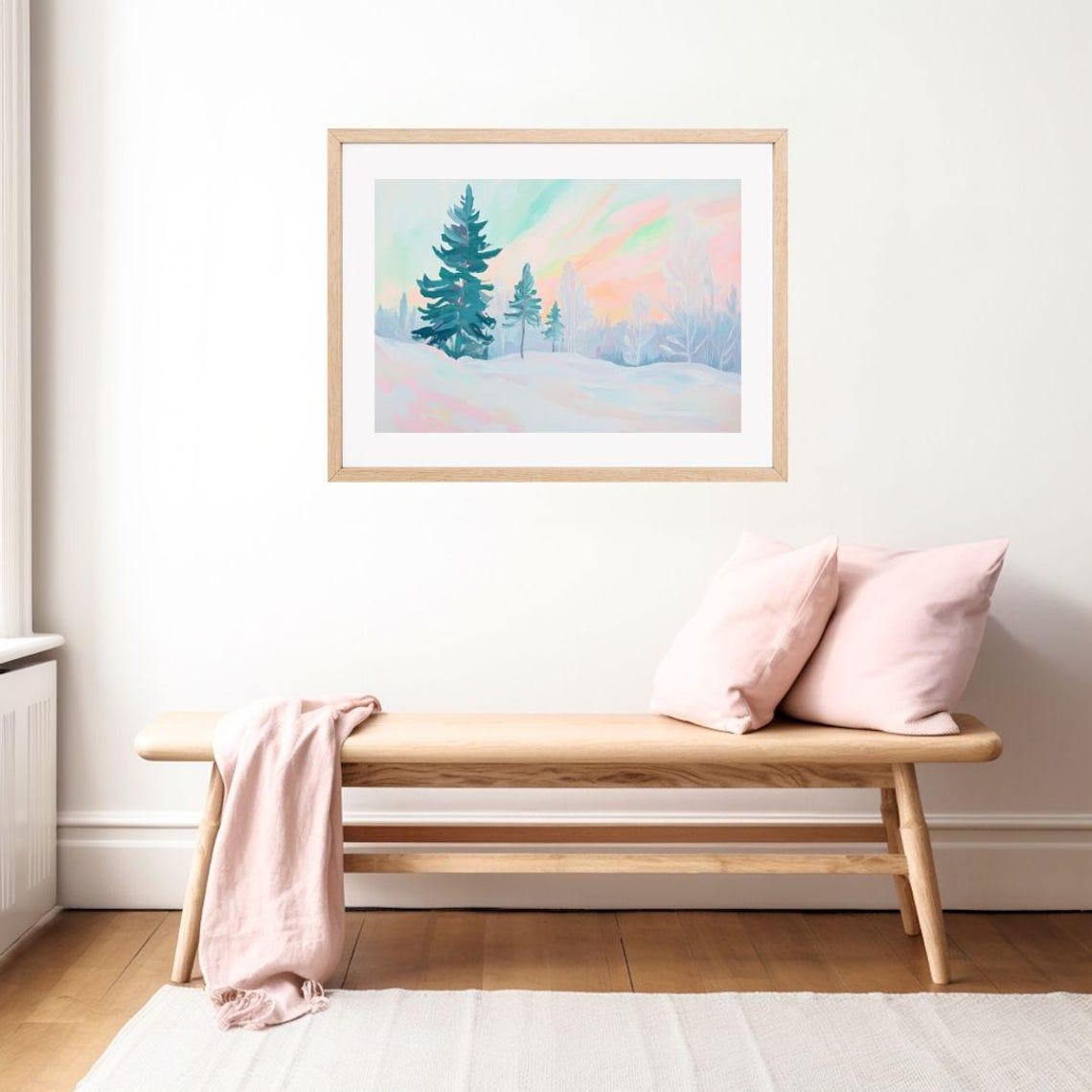 Northern Lights Landscape Painting Neon Finland Trees Wall Art Print Colorful Snow Scenery Winter Nature - Image 2