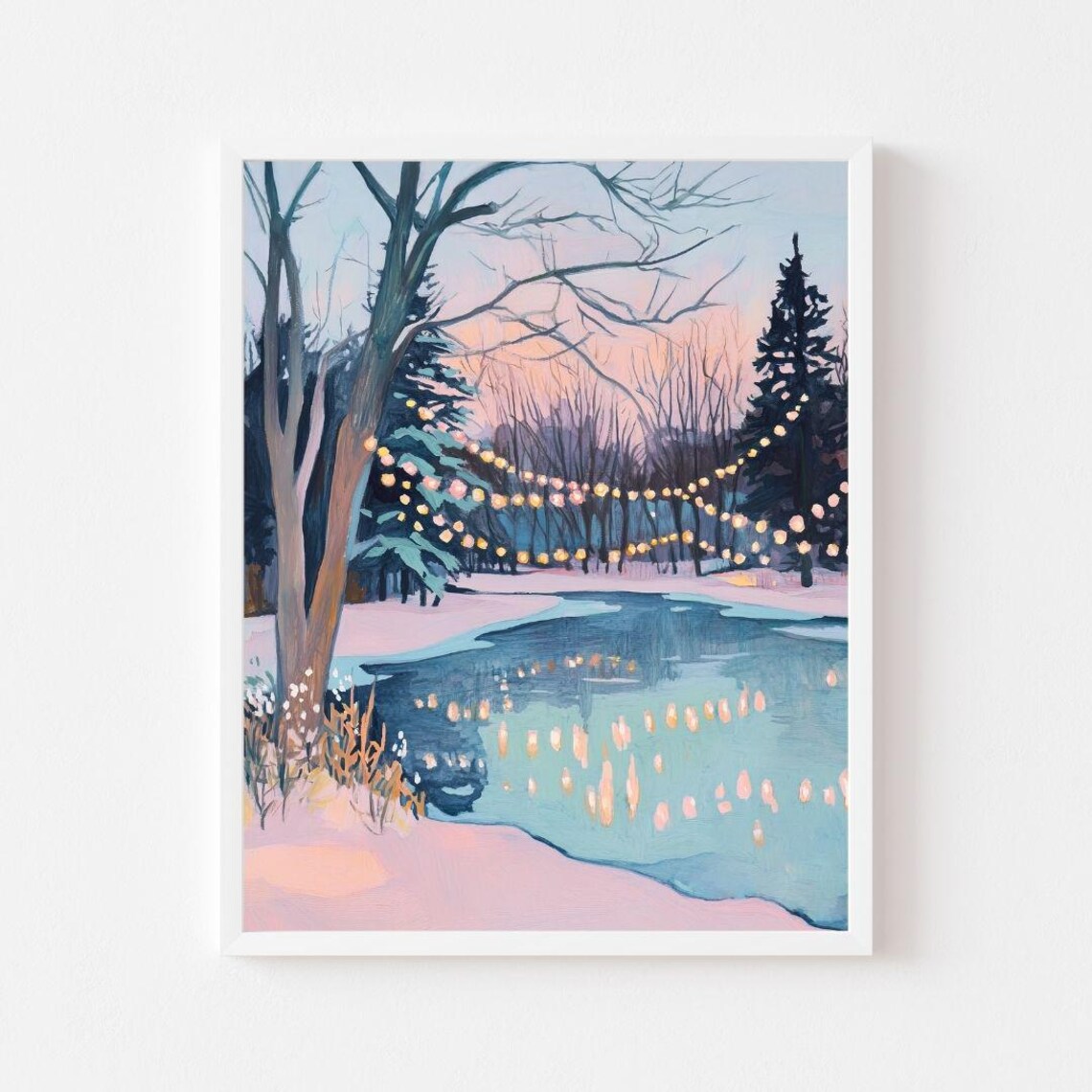 Pastel Winter Pond Christmas Sunset Art Print