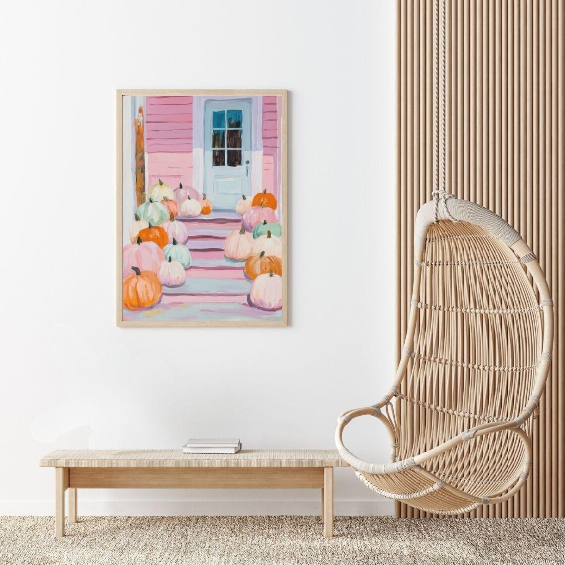 Pink House Porch Pumpkins Autumn Steps Colorful Fall Harvest Poster - Image 2