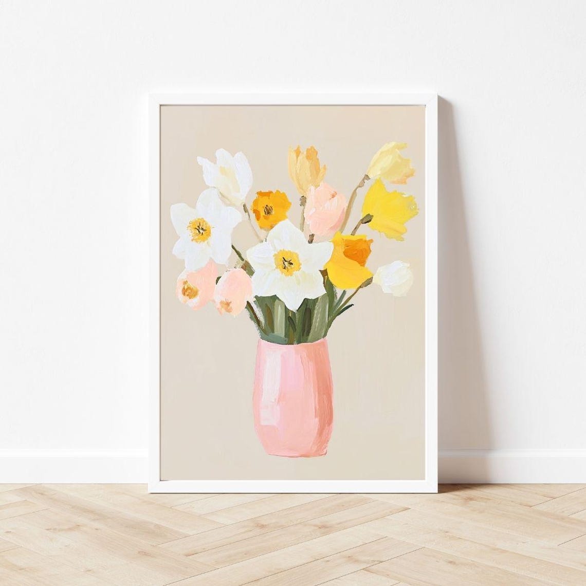 Cheerful Daffodils and Tulips in Pink Vase Spring Floral Poster - Image 3