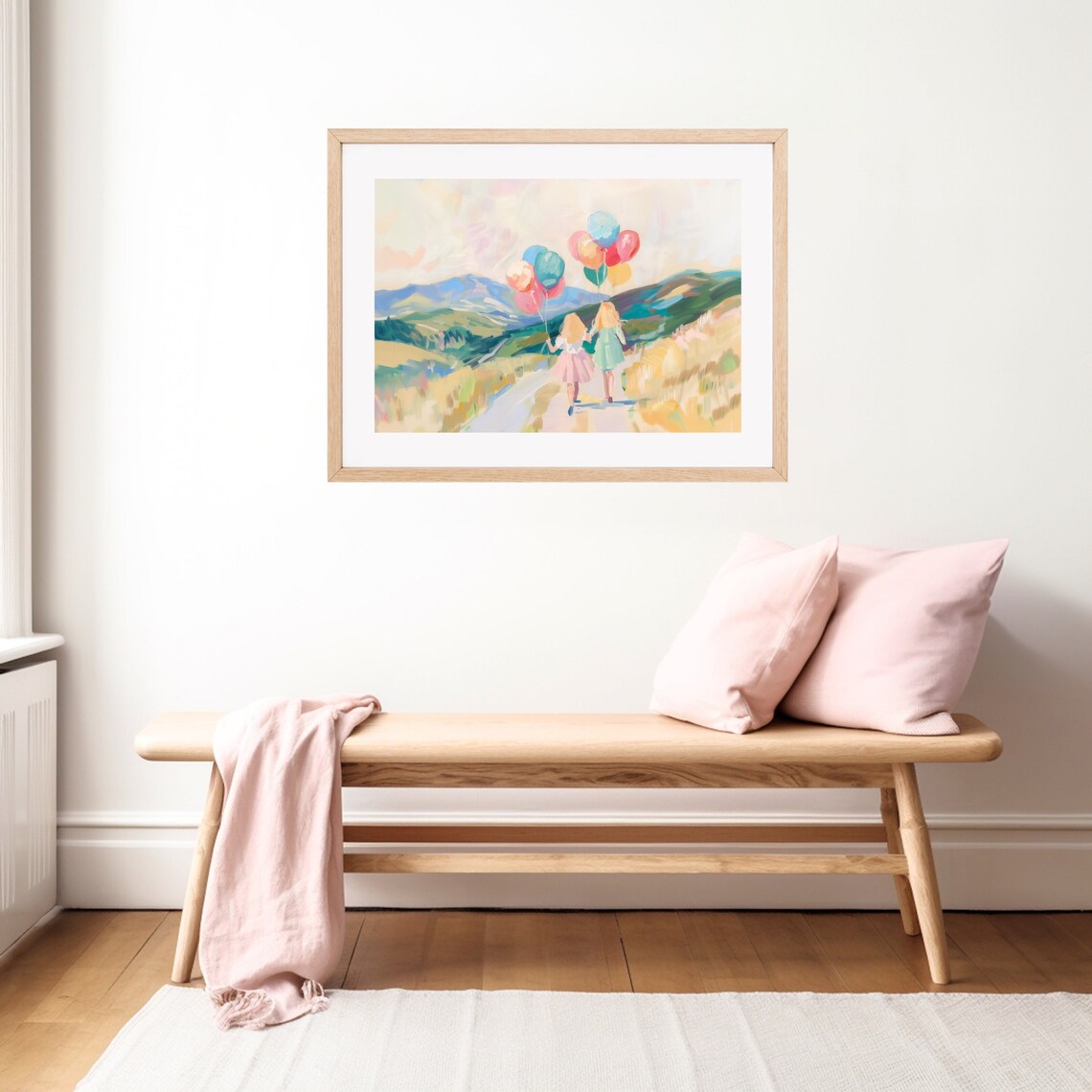 Two Girls With Balloons, Whimsical Sisters Art Print - Image 3